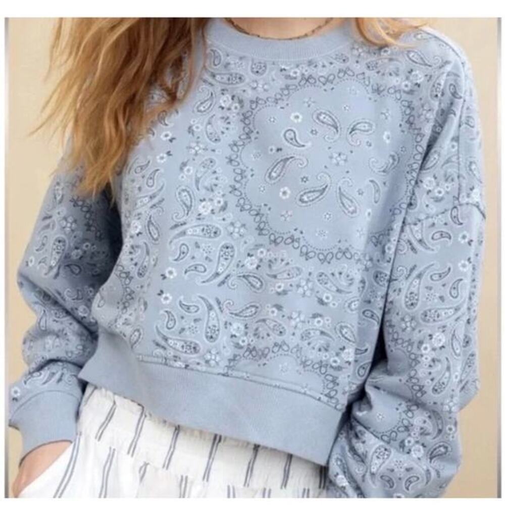Aerie Crop Take it Easy Sweatshirt Crew Neck Blue Paisley Size XL